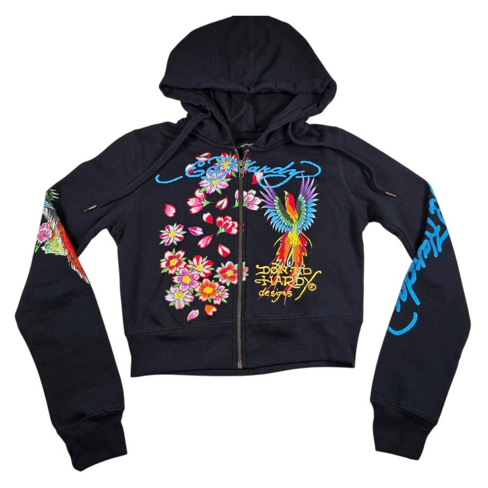 Ed Hardy Phoenix Y2K Black Crop Zip Graphic Tattoo Full Zip Hoodie Women's Sz S
